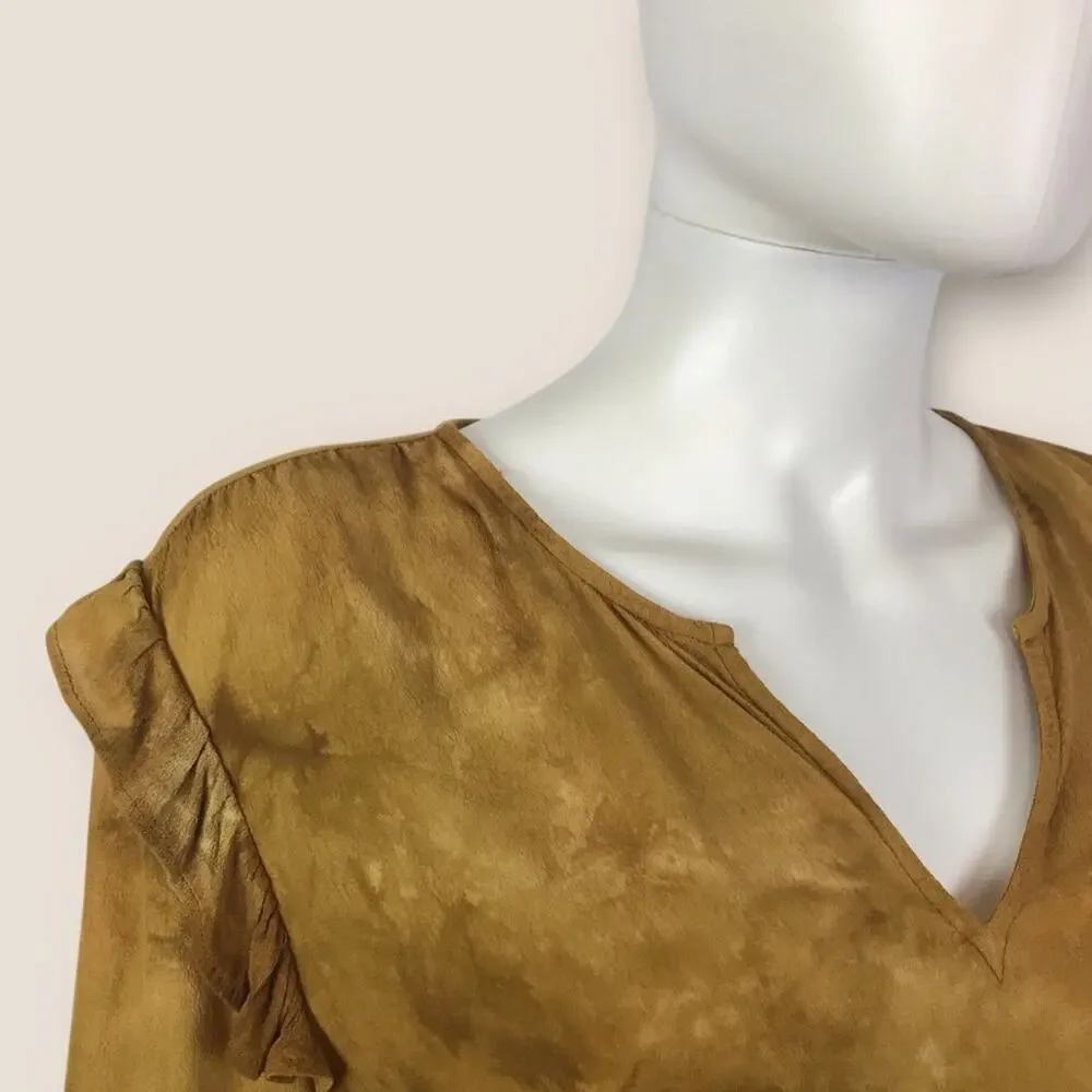 Madewell Tie-dyed Gold Blouse Puff Sleeve Ruffled Slightly Cropped Top
